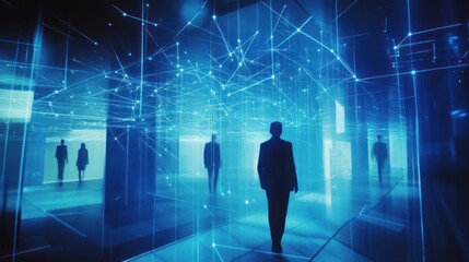 Poster - Businessman walking through digital network, futuristic city background