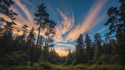 Wall Mural - majestic sunset over a serene forest landscape with vibrant skies and towering trees creating a peac