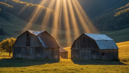 Poster - Sunlight Illuminating Rustic Barns Amidst Rolling Hills in a Serene Valley Landscape