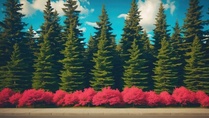 Wall Mural - vibrant landscape featuring towering pine trees lining a path with bright pink ornamental shrubs in 