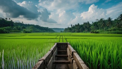 Wall Mural - lush green rice fields at the edge of a serene landscape under a cloudy sky with a wooden boat and a