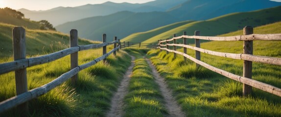 Sticker - Scenic Grassy Pathway Between Wooden Fences Surrounded By Lush Green Hills Under Morning Light With Blue Mountains In The Background