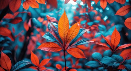Aufkleber - vibrant autumn foliage in a mystical forest showcasing stunning red and blue leaves amid soft light 