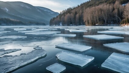 Sticker - Frozen lake landscape with ice floes surrounded by mountains and winter trees reflecting in tranquil waters under a clear sky.