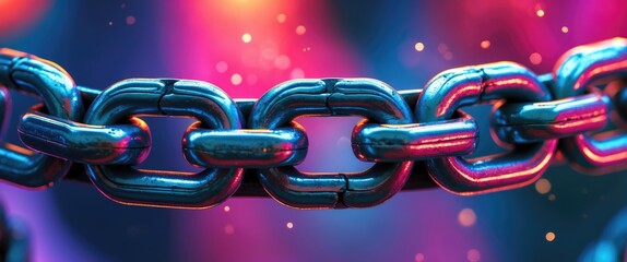 Sticker - Close-up view of a steel chain with colorful glowing background highlighting details and texture in a modern and artistic style.