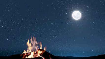 Wall Mural - a bonfire burns at night against the background of mountains and sea with bright stars...