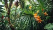 © AIArtistry - Tropical Jungle Scene Featuring Lush Green Palm Leaves and Vibrant Orange Flowers in a Dense Natural Environment.