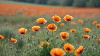 Poster - Vibrant Poppy Field Under Soft Light With Ample Copy Space For Text Placement