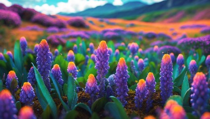Poster - Vibrant wildflower landscape with purple blooms under a blue sky creating a stunning natural scene in the countryside.