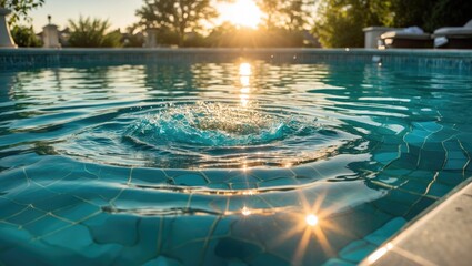 Poster - Sparkling pool water with sun reflections and splash effect during golden hour creating serene outdoor ambiance.