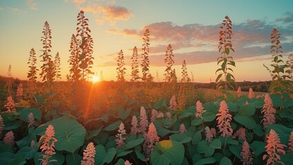 Poster - Nature's Serenity: Polypodiophyta in Bloom Against a Vibrant Sunset with Generous Copy Space for Textual Information