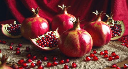 Poster - Fresh pomegranates arranged on burlap with a vibrant red background showcasing their rich color and juicy seeds.