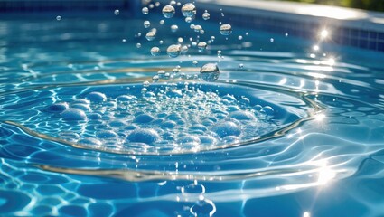 Poster - Stunning pool water with sunlight reflections and air bubbles creating a serene and tranquil underwater scene in vibrant blue hues.