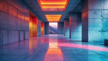 Poster - Vibrant abstract interior with polished concrete walls and illuminated ceilings creating a modern architectural atmosphere in a creative space