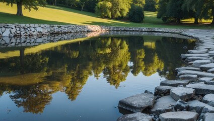 Poster - Tranquil Park Pond Surrounded By Stone Shoreline With Lush Tree Reflections On Calm Water On A Sunny Day