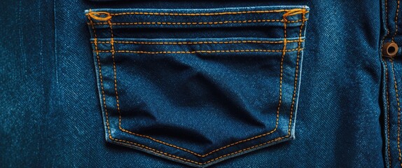 Poster - Denim pocket detail showcasing stitching textures on a rich blue fabric background perfect for fashion and textile themes.