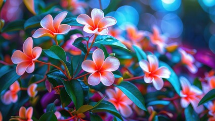 Poster - Vibrant Plumeria Pudica flowers in bloom surrounded by lush green leaves creating a tropical paradise atmosphere