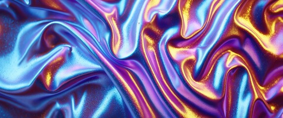Poster - Vibrant flowing fabric with metallic sheen showcasing rich colors of blue, purple, and gold in an abstract texture design.