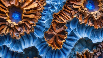 Poster - Detailed macro photograph showcasing vibrant patterns and textures in polished fossilized wood from the Blue Forest formation in Wyoming.