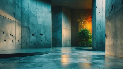 Poster - Modern interior with polished concrete walls and a vibrant backdrop featuring greenery and light, creating a striking visual contrast.