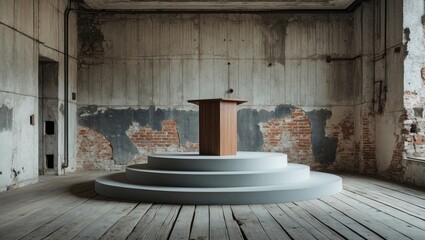 Poster - Minimalist podium setup in an abandoned interior featuring aged concrete walls and wooden flooring, perfect for presentations or events.