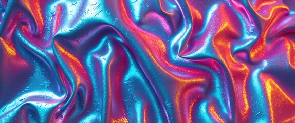 Poster - Vibrant multicolored metallic fabric texture with luxurious folds and reflections suitable for fashion and design backgrounds.