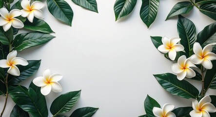 Poster - Plumeria leaves and flowers arranged beautifully on a white background with ample space for text or design elements.