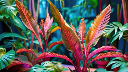 Poster - Vibrant Tropical Plant Display Featuring Platycerium Bifurcatum with Colorful Deerant-Like Leaves in Lush Green Environment