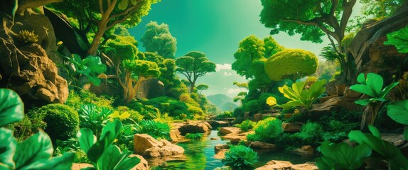 Poster - Serene Green Landscape with Lush Foliage and Clear Water Reflecting Sunlight in a Vibrant Natural Environment