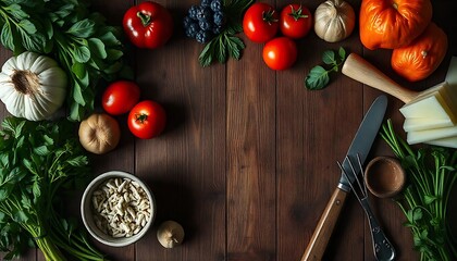 Wall Mural - Fresh Produce and Kitchen Tools on Dark Wood Surface for Cooking Preparation