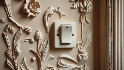 Poster - Decorative plaster wall with an electric switch featuring intricate floral patterns in a stylish interior setting.