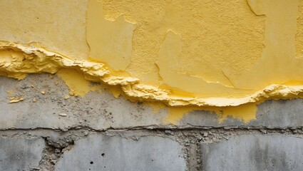 Poster - Textured close-up of peeling yellow plaster on a concrete wall highlighting the contrast between layers and surfaces for renovation or design themes.