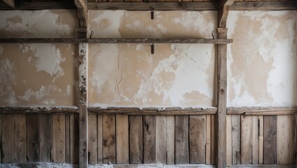 Poster - Weathered plaster on an old wooden wall with exposed beams and a rustic rail, showcasing wear and historical character in interior design.