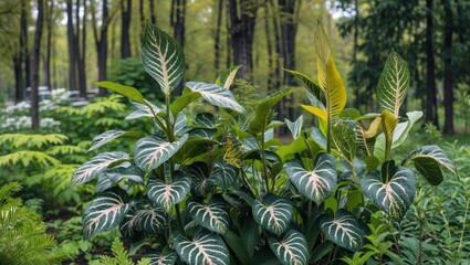 Poster - Lush green plants with unique leaf patterns in a tranquil Russian park surrounded by vibrant foliage and natural beauty.