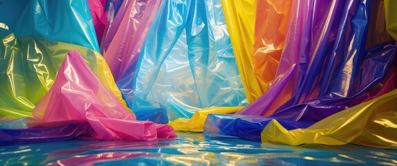 Poster - Colorful translucent plastic drapes creating an abstract background with reflections and vibrant hues suitable for creative projects and design.
