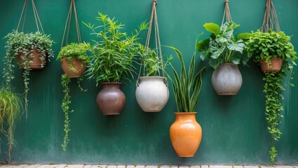 Poster - Hanging planters with vibrant greenery on a textured green outdoor wall creating a fresh and inviting atmosphere in a garden setting
