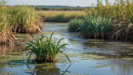 Poster - Lush Wetland Scene with Fragrant Green Plants Emerging from Calm Waters Under Bright Sky and Open Space for Text Overlay