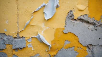 Poster - Damaged plaster and concrete wall with yellow paint peeling revealing textured surfaces and layers of aged materials