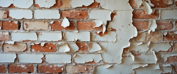 Poster - Peeling plaster and exposed brick wall texture showcasing rustic and weathered interior design elements for background or construction themes