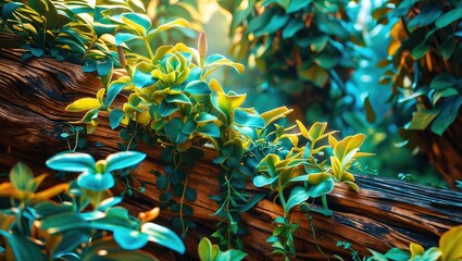 Poster - Lush Greenery Cascading Over a Sunlit Wooden Log in a Vibrant Natural Setting