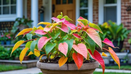 Poster - Vibrant Potted Plant With Colorful Foliage Enhancing Front Yard Aesthetic In Bright Natural Light Ideal For Garden and Home Decor.