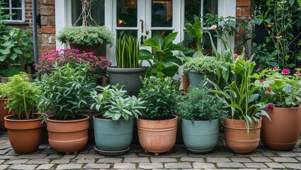 Poster - Vibrant assortment of potted plants arranged beautifully in a quaint garden setting showcasing diverse foliage and colors.