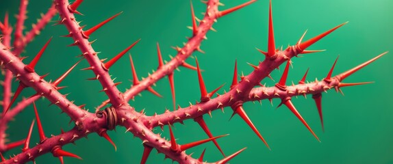 Poster - Vibrant close-up of a thorny plant with striking red spikes against a lush green background showcasing nature's intricate details.
