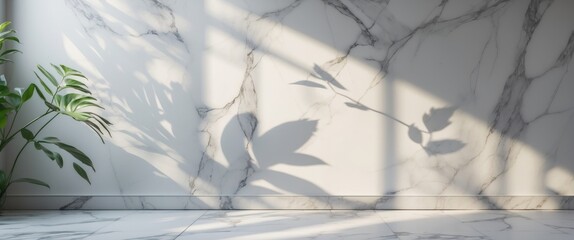 Poster - minimalistic marble wall with plant shadows creating a serene background ideal for presentations and