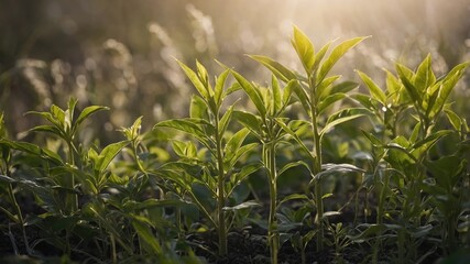 Poster - Green Plants in Sunlight with Natural Texture Highlighting Growth and Renewal in Nature.