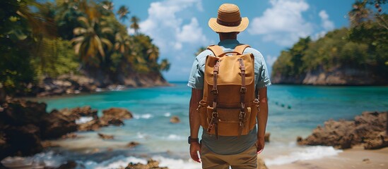 Back view of a tourist man with backpack at beautiful island