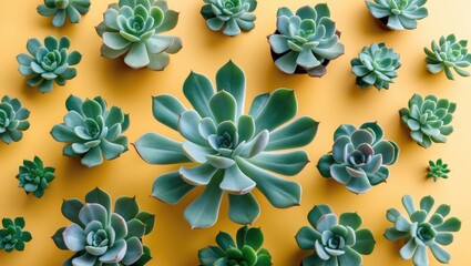 Poster - Echeveria Succulent Arrangement on Bright Yellow Background Minimalist Flat Lay Green Foliage Perennial Plants Aesthetic Home Decor