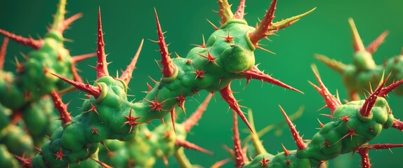 Poster - close-up of a thorny succulent plant against a vibrant green background showcasing intricate details