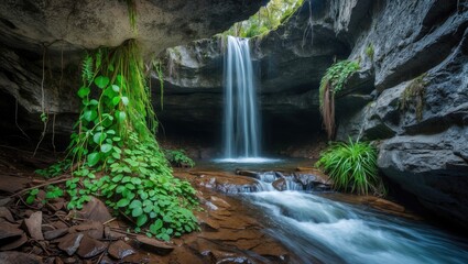 Poster - Lush plant growth under a waterfall in a serene cave environment featuring flowing water and vibrant greenery in a natural setting.
