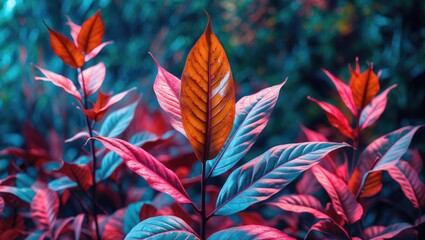 Poster - Vibrant foliage pattern showcasing colorful leaves in rich hues of red and blue ideal for nature and botanical backgrounds
